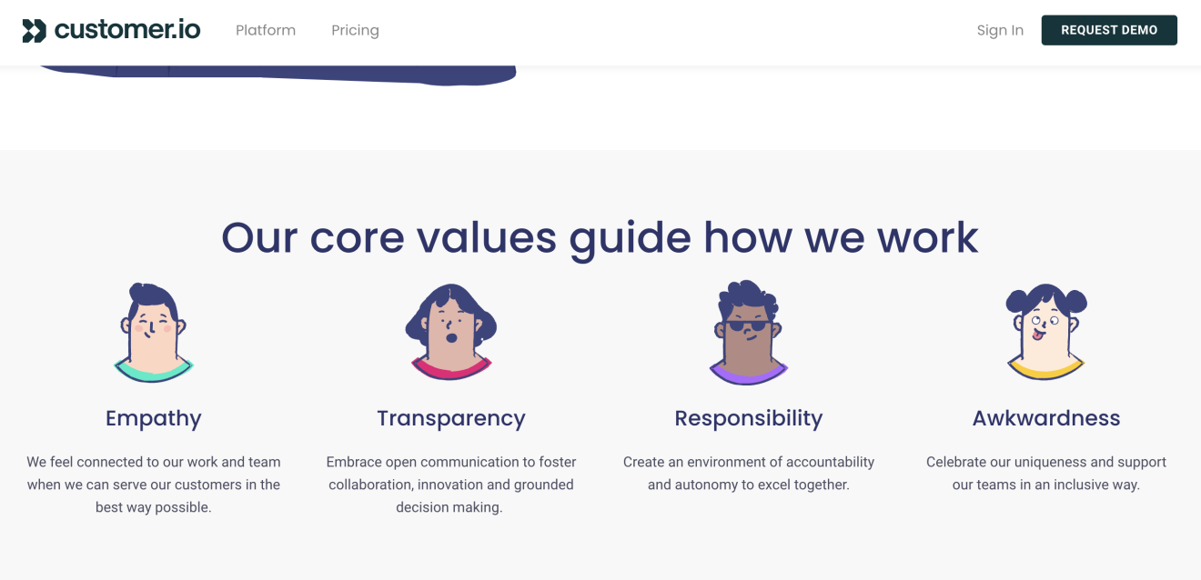 Screenshot of Customer.io's company values.