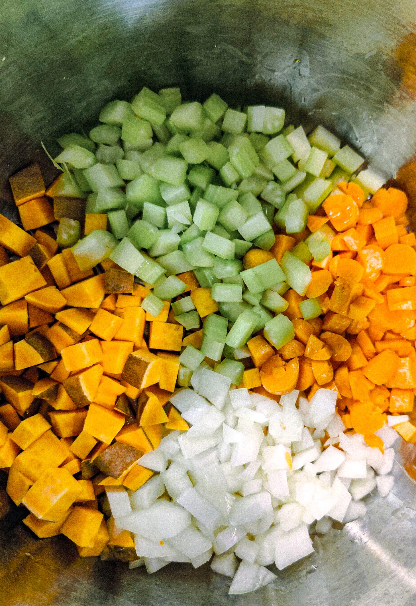 An aerial view of my pot with diced veggies.