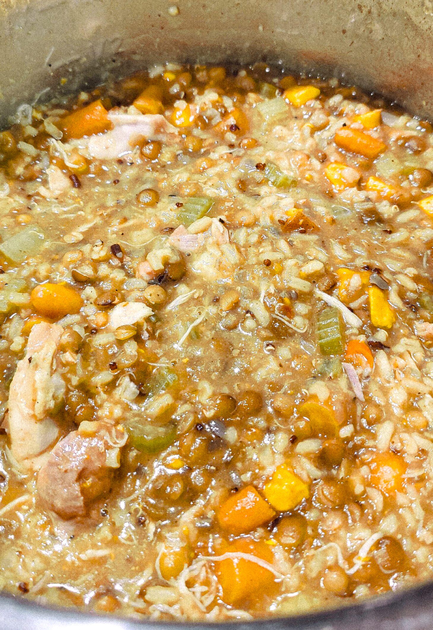 A view of the slop in the pot, that looks like a chicken soup meets chili concept. Yum!