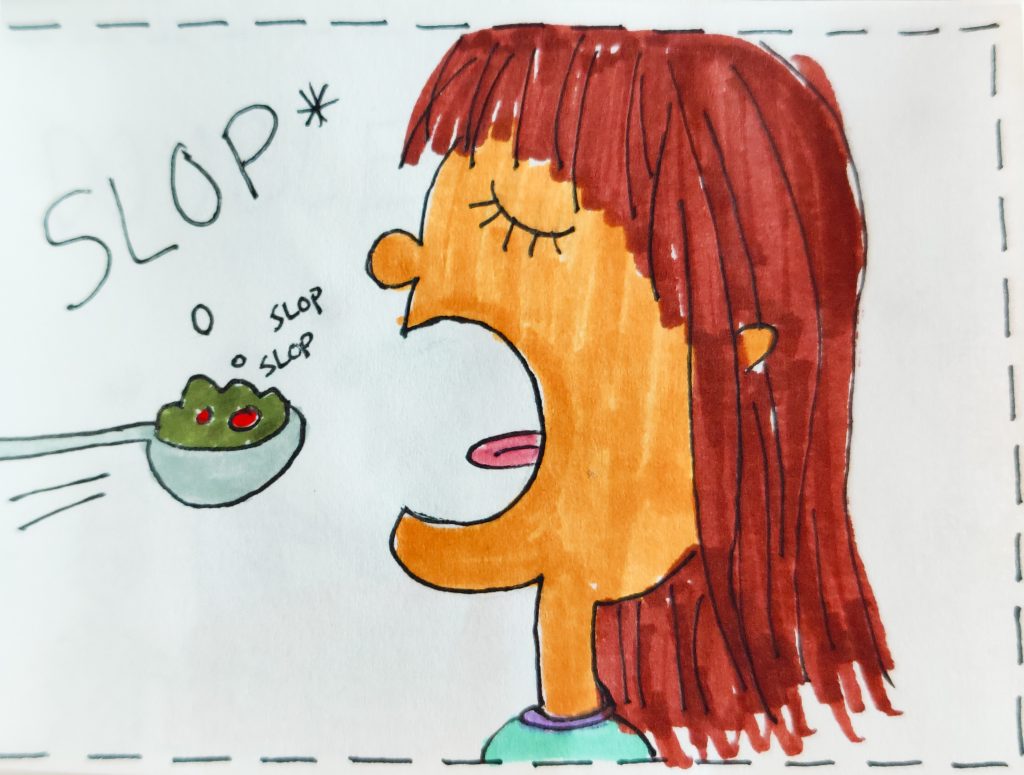 A drawing of the side profile of a girl about to take a big bite of slop on a spoon.