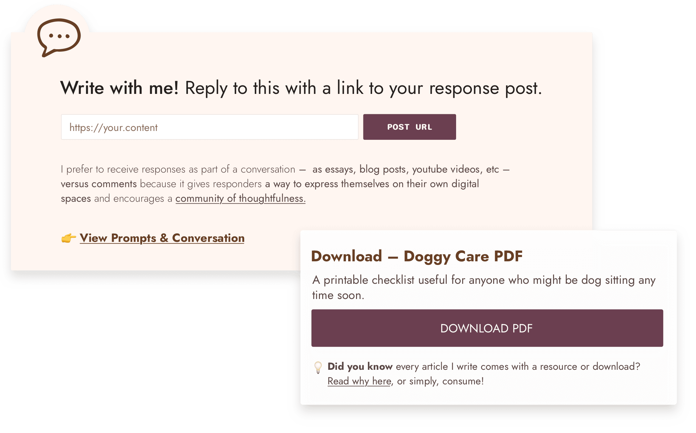 Screenshots depicting site features "write with me" and "downloads". The "downloads" shows a Doggy Care PDF download button. The write with me shows an input for submitting a URL to post as a response to a post. These features are found on posts on this site.