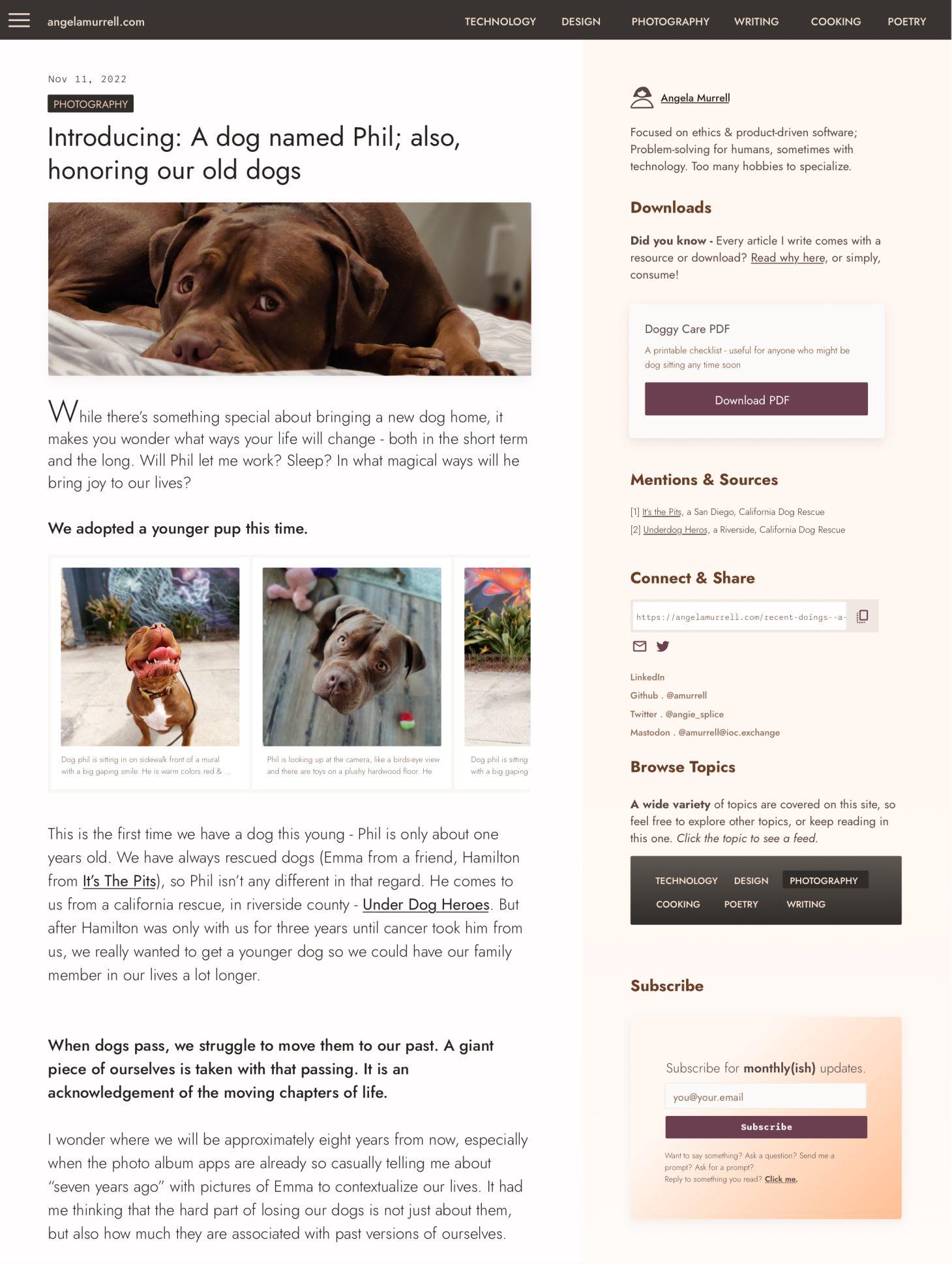 Screenshot of a new design that was largely influenced by writing out an actual example post. It happened to be about all my dogs that accompanied me during big life moments.